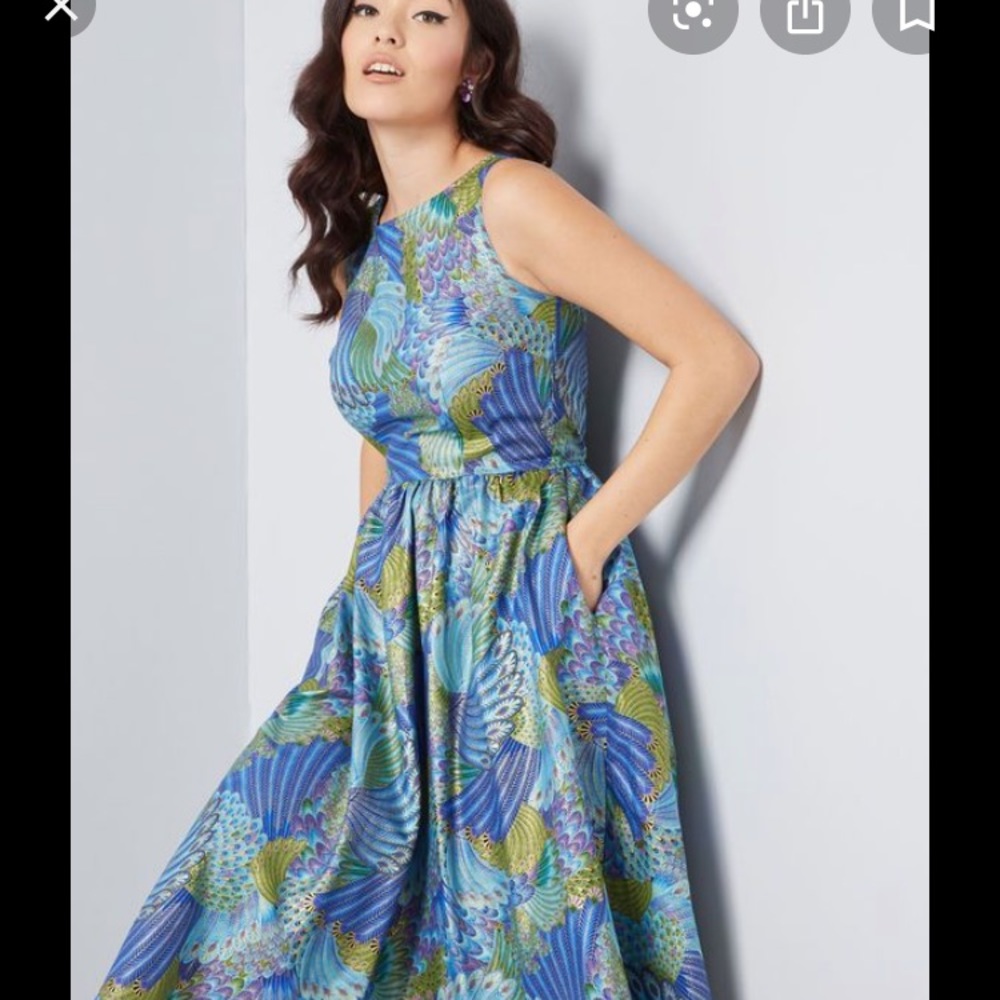Modcloth Retrolicious midi dress peacock pattern